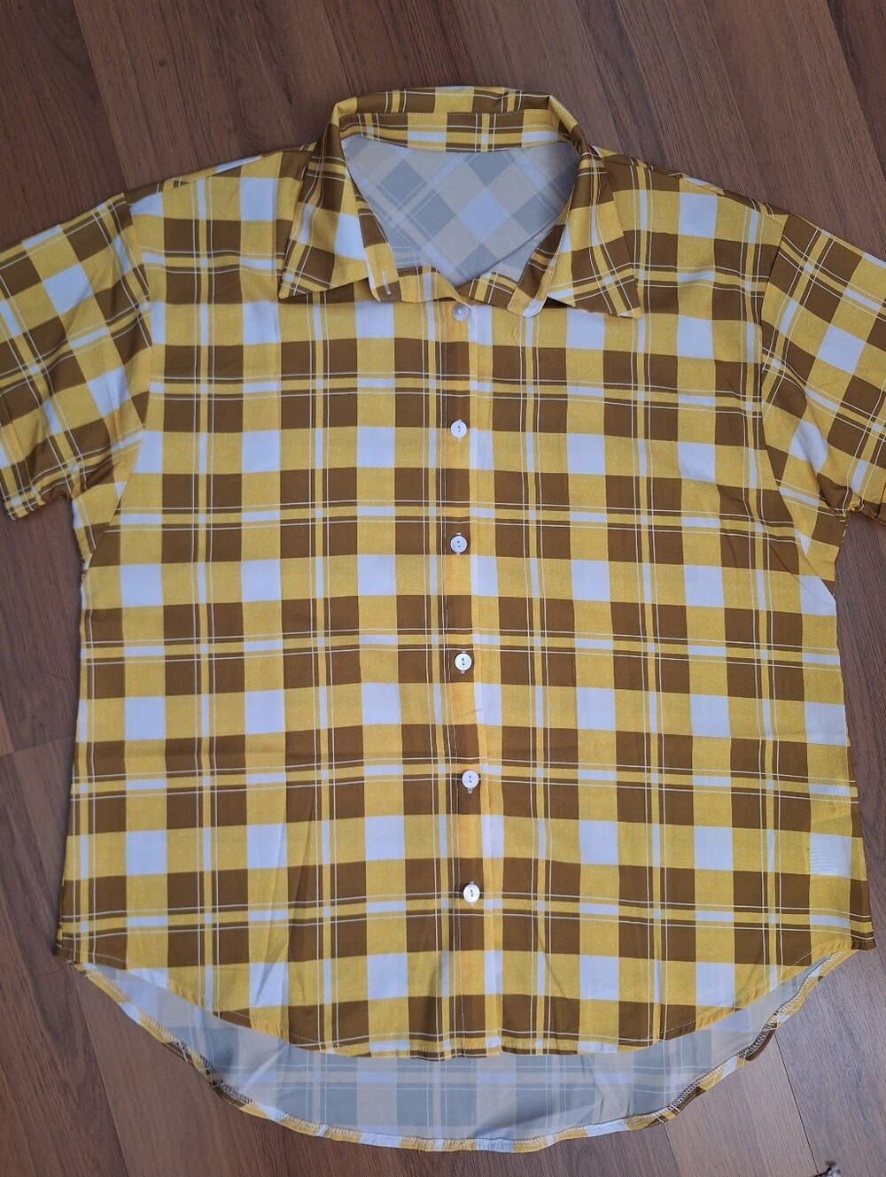 Yellow Plaid Button Down Short Sleeve Blouse